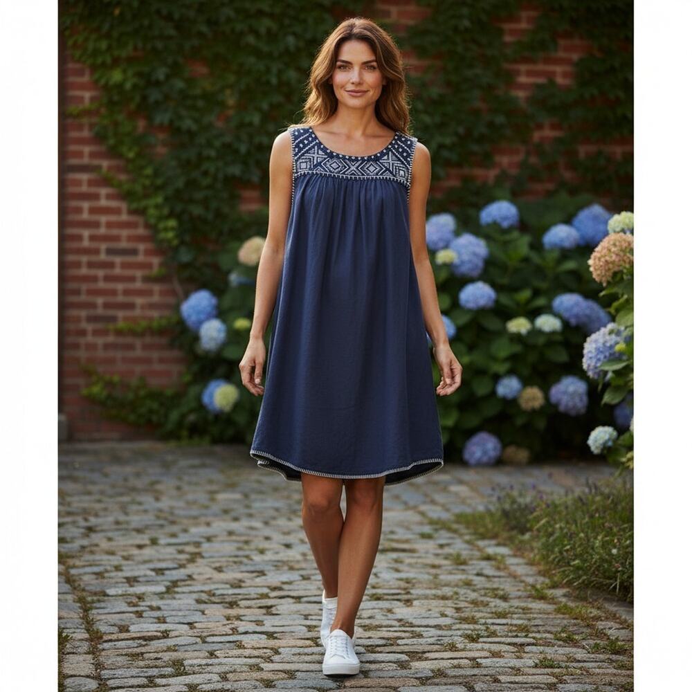 C&C California Blue 100% Linen Embroidered Sleeveless Shift Dress Size 1X Beach